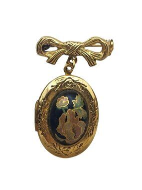 Vintage Gold Tone Enamel Floral Oval Locket Brooch On Embossed Ribbon Bow Pin